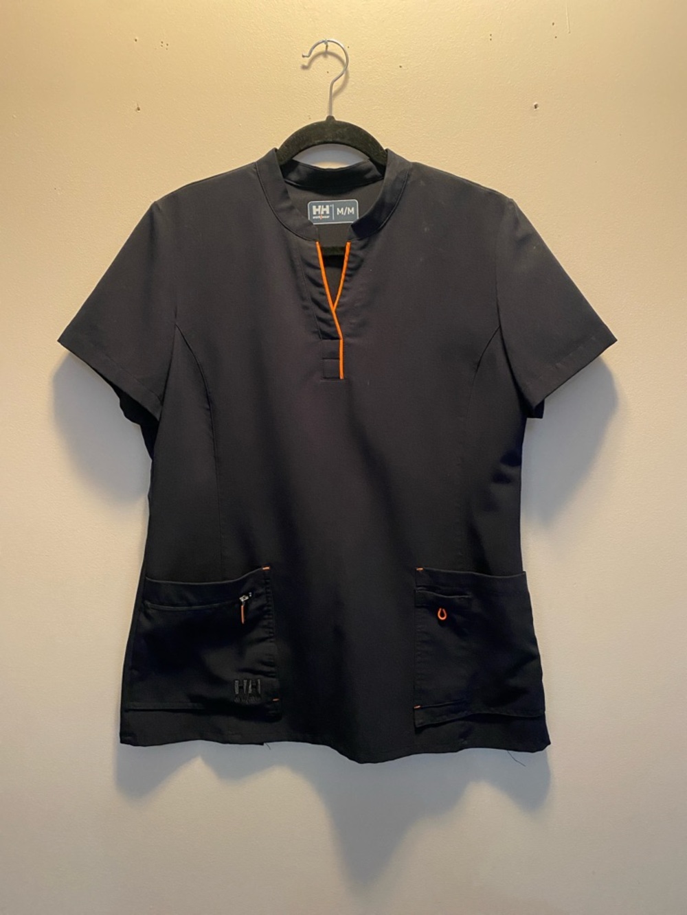 Helly Hansen Black Short Sleeve Medical Scrub Top with Orange Accents